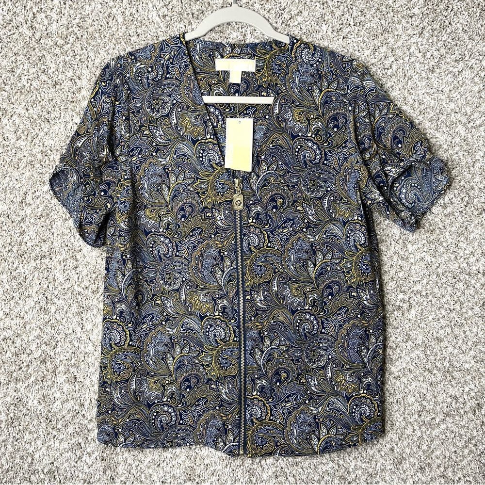 MICHAEL Michael Kors Floral Paisley Print Full Zip Up Short Sleeve Top Small NWT